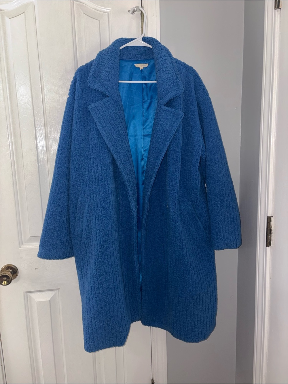 Cobalt Blue Textured Oversized Teddy Coat Women's Long Jacket - Picture 3 of 4